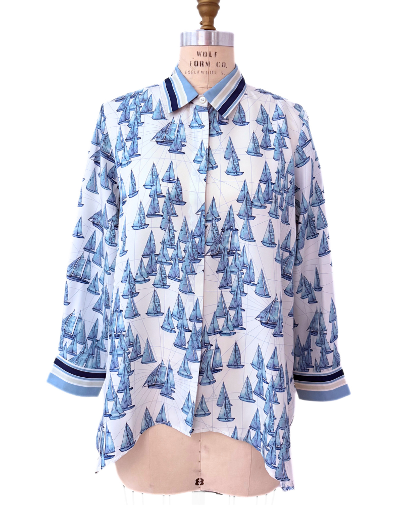 SILK SHIRT: BOAT: BLUE-IVORY