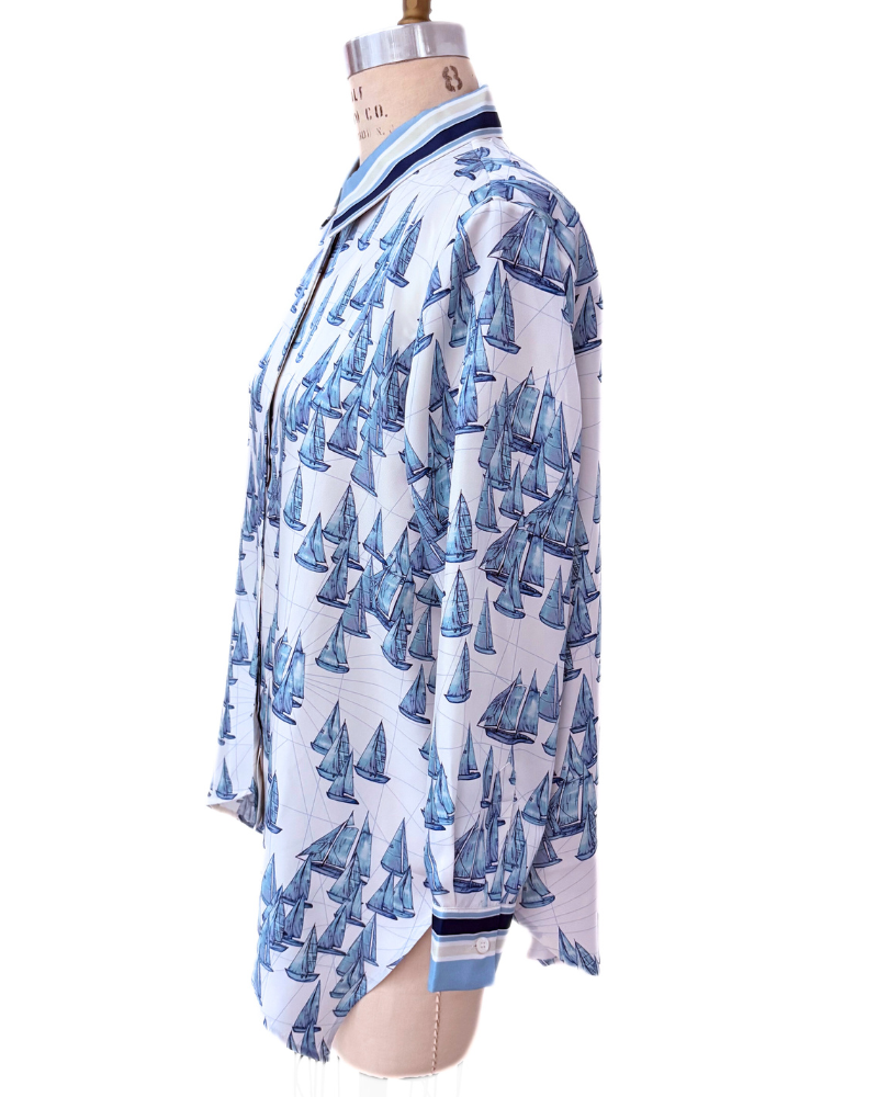 SILK SHIRT: BOAT: BLUE-IVORY
