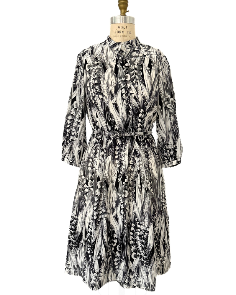 SILK DRESS WITH BLOUSON SLEEVE: LEAF: BLACK