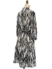 SILK DRESS WITH BLOUSON SLEEVE: LEAF: BLACK