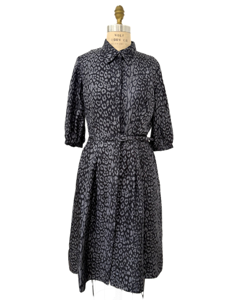 SILK DRESS WITH BLOUSON SLEEVE: LEOPARD: BLACK