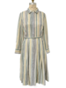 PRINTED SILK PLEATED DRESS WITH BELT: GREEN, GRAY, YELLOW STRIPES