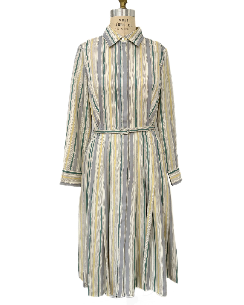 PRINTED SILK PLEATED DRESS WITH BELT: GREEN, GRAY, YELLOW STRIPES