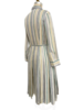 PRINTED SILK PLEATED DRESS WITH BELT: GREEN, GRAY, YELLOW STRIPES