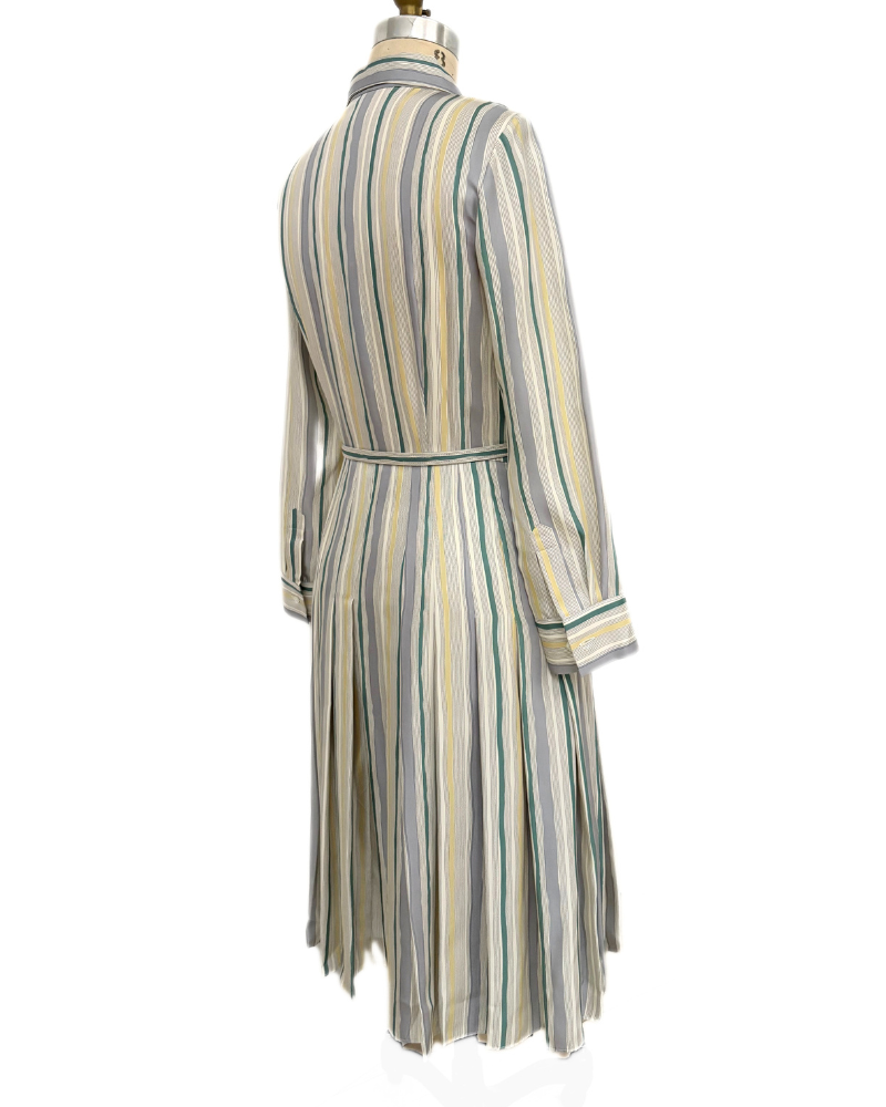 PRINTED SILK PLEATED DRESS WITH BELT: GREEN, GRAY, YELLOW STRIPES