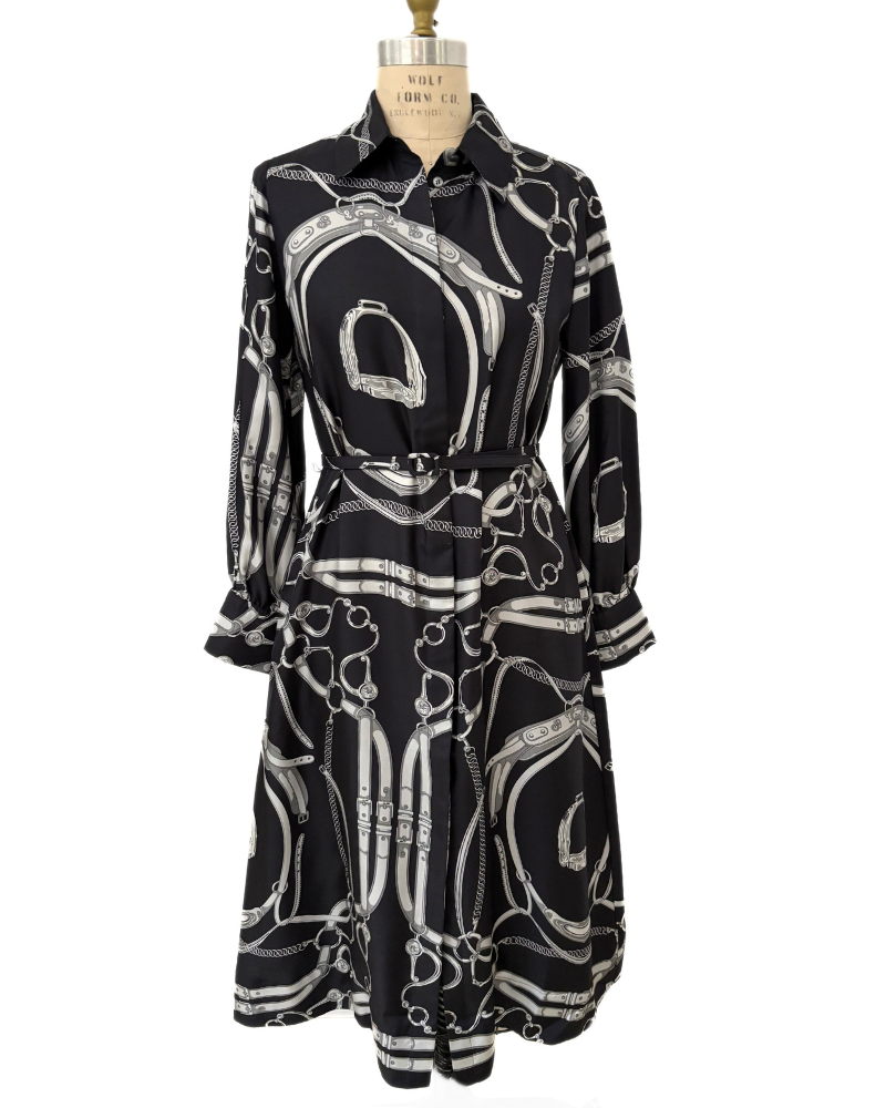 SILK SHIRT DRESS WITH BELT PRINT: LEXINGTON: BLACK