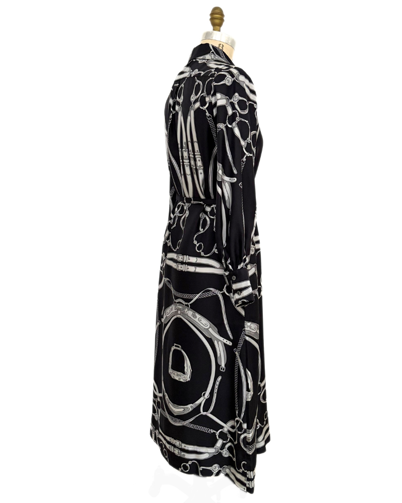 SILK SHIRT DRESS WITH BELT PRINT: LEXINGTON: BLACK