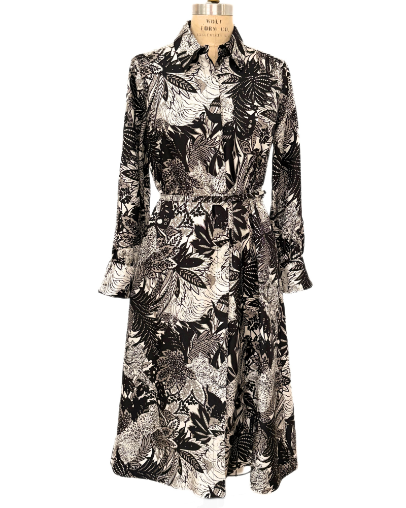 SILK SHIRT DRESS WITH BELT PRINT: AMAZONIA: BLACK