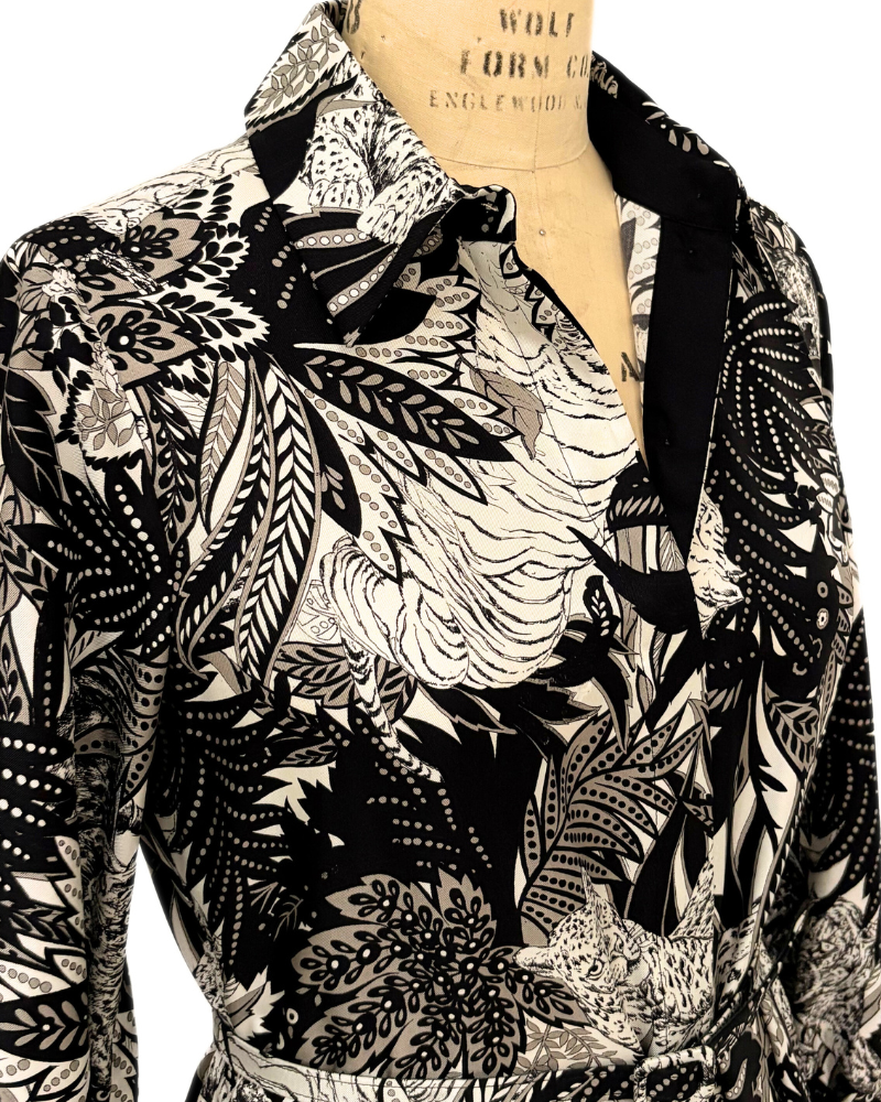 SILK SHIRT DRESS WITH BELT PRINT: AMAZONIA: BLACK