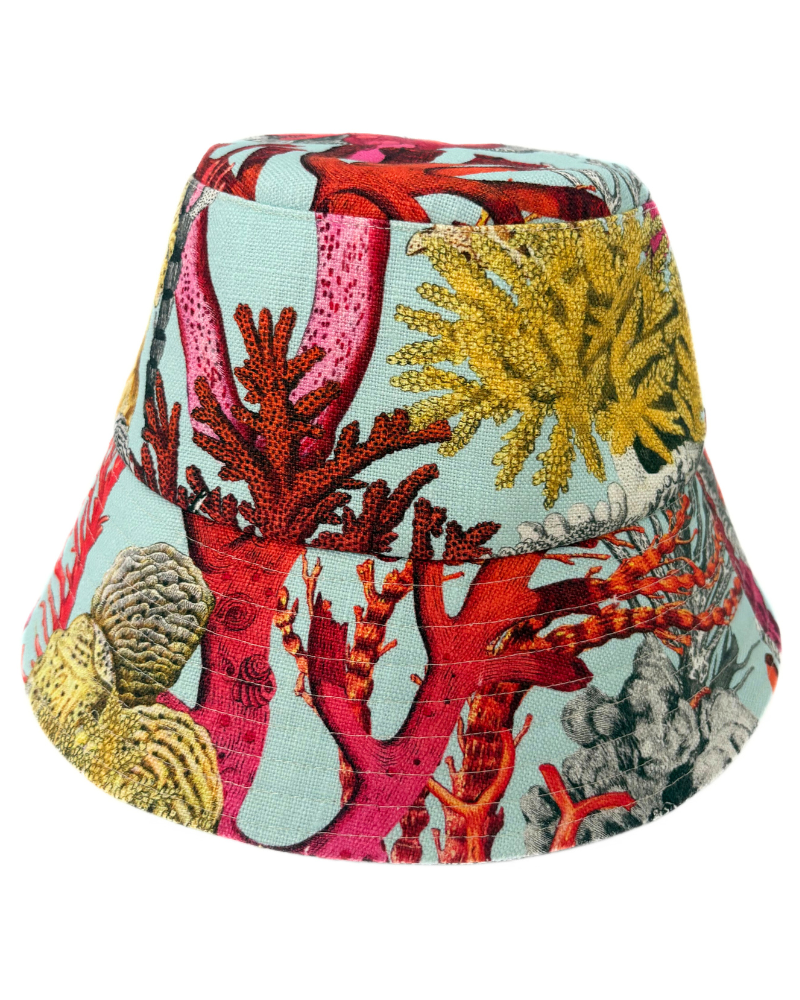 PRINTED LINEN HAT: CORAL: TURQUOISE