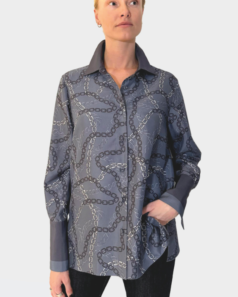 COLLARED SILK PRINTED SHIRT: DEVON: BLUE