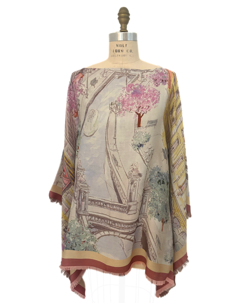 CASHMERE PRINTED PONCHO: PARIS: PINK