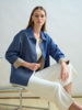 CASHMERE BUTTON DOWN SHIRT JACKET: NAVY BLUE- BEIGE