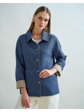 CASHMERE BUTTON DOWN SHIRT JACKET: NAVY BLUE- BEIGE