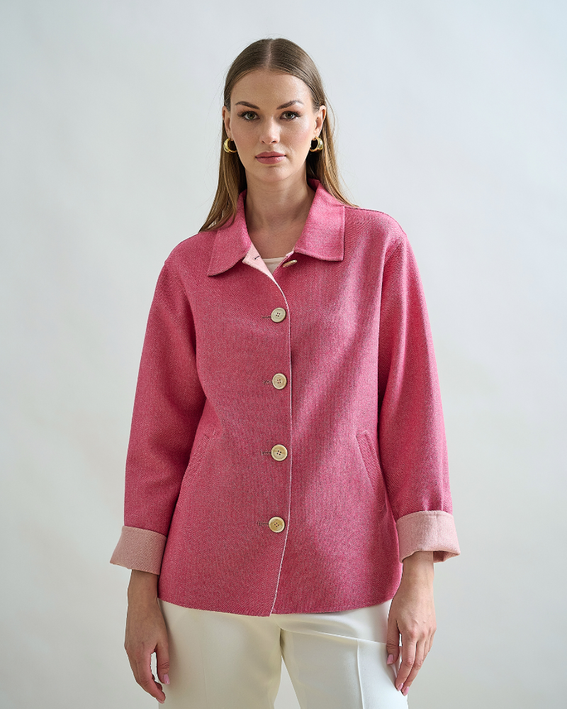 CASHMERE BUTTON DOWN SHIRT JACKET: PINK