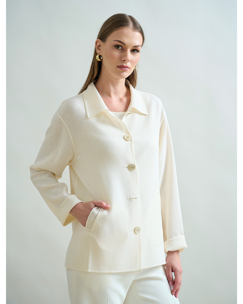 BUTTON DOWN WOOL CREPE SHIRT JACKET: IVORY