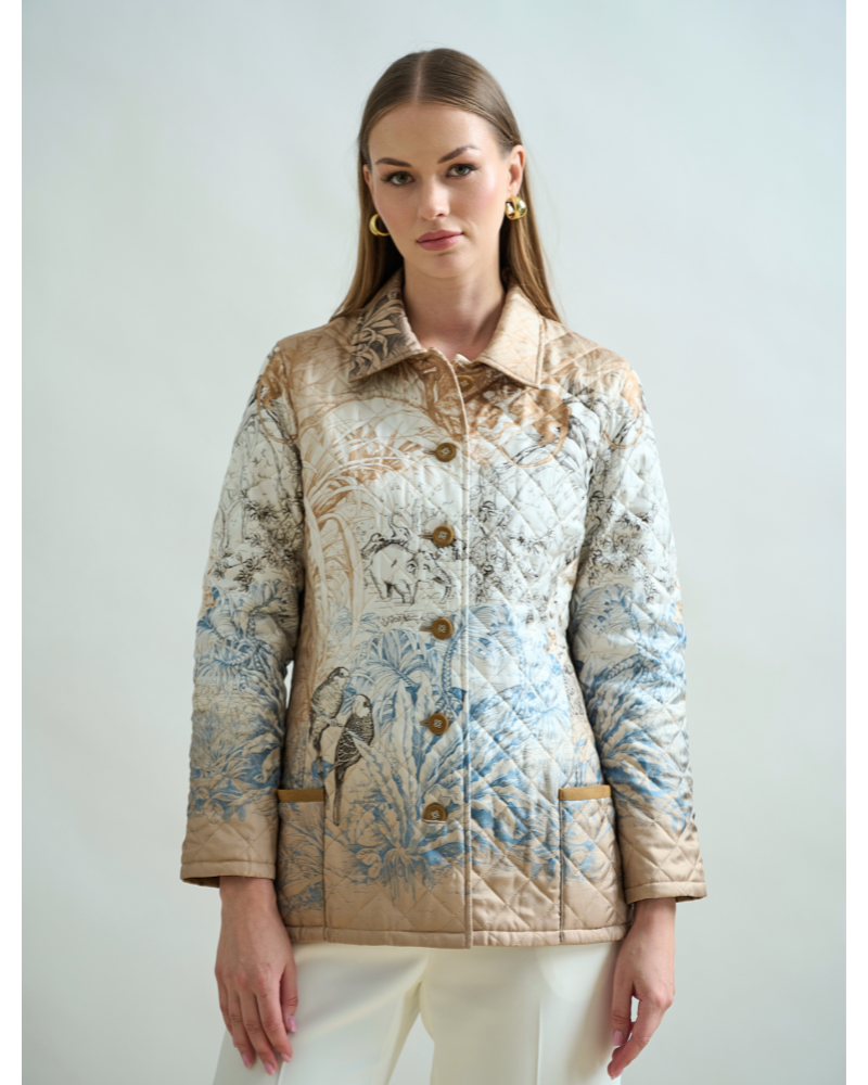 SILK PRINTED QUILTED JACKET: SAFARI: BEIGE