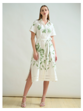 HALFSLEEVEES  DRESS: IVORY: GREEN FLORAL EMBROIDERY