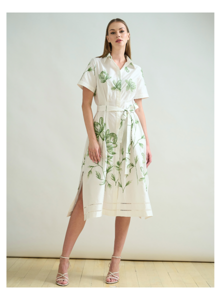 HALFSLEEVEES  DRESS: IVORY: GREEN FLORAL EMBROIDERY