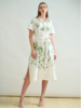 NO WAIST HALFSLEEVEES  DRESS: IVORY: GREEN FLORAL EMBROIDERY