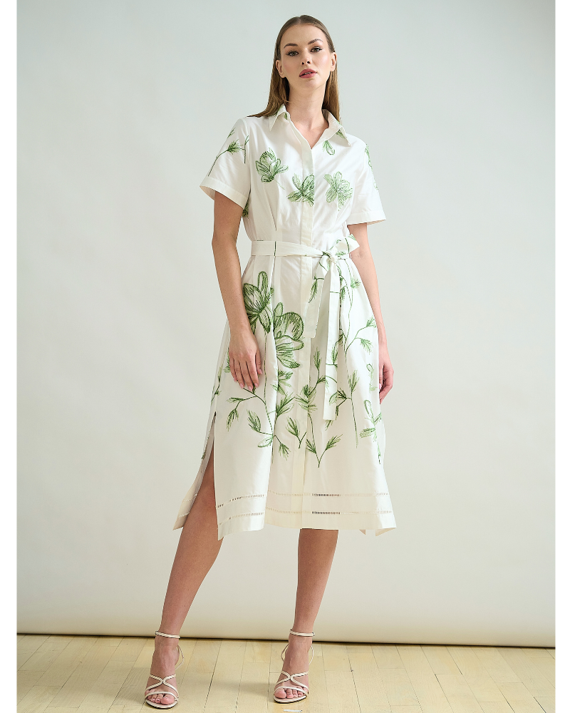 NO WAIST HALFSLEEVEES  DRESS: IVORY: GREEN FLORAL EMBROIDERY