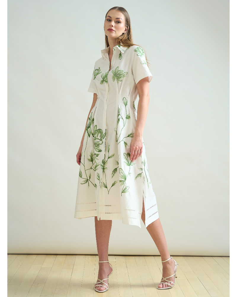 NO WAIST HALFSLEEVEES  DRESS: IVORY: GREEN FLORAL EMBROIDERY