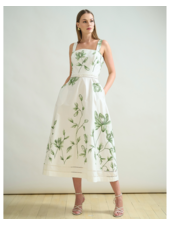 LONG COTTON STRAPS DRESS: IVORY WITH GREEN FLORAL EMBROIDERY