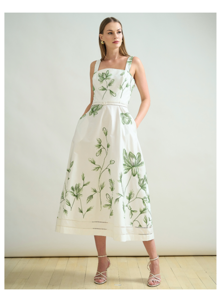 LONG COTTON STRAPS DRESS: IVORY WITH GREEN FLORAL EMBROIDERY