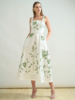 LONG COTTON STRAPS DRESS: IVORY WITH GREEN FLORAL EMBROIDERY