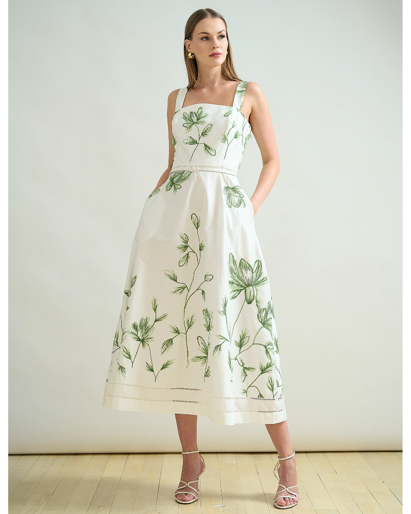 LONG COTTON STRAPS DRESS: IVORY WITH GREEN FLORAL EMBROIDERY
