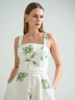 LONG COTTON STRAPS DRESS: IVORY WITH GREEN FLORAL EMBROIDERY