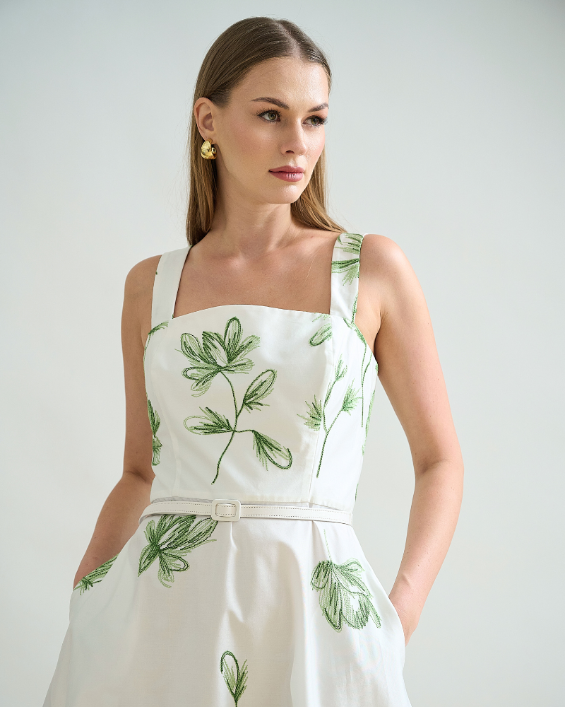 LONG COTTON STRAPS DRESS: IVORY WITH GREEN FLORAL EMBROIDERY