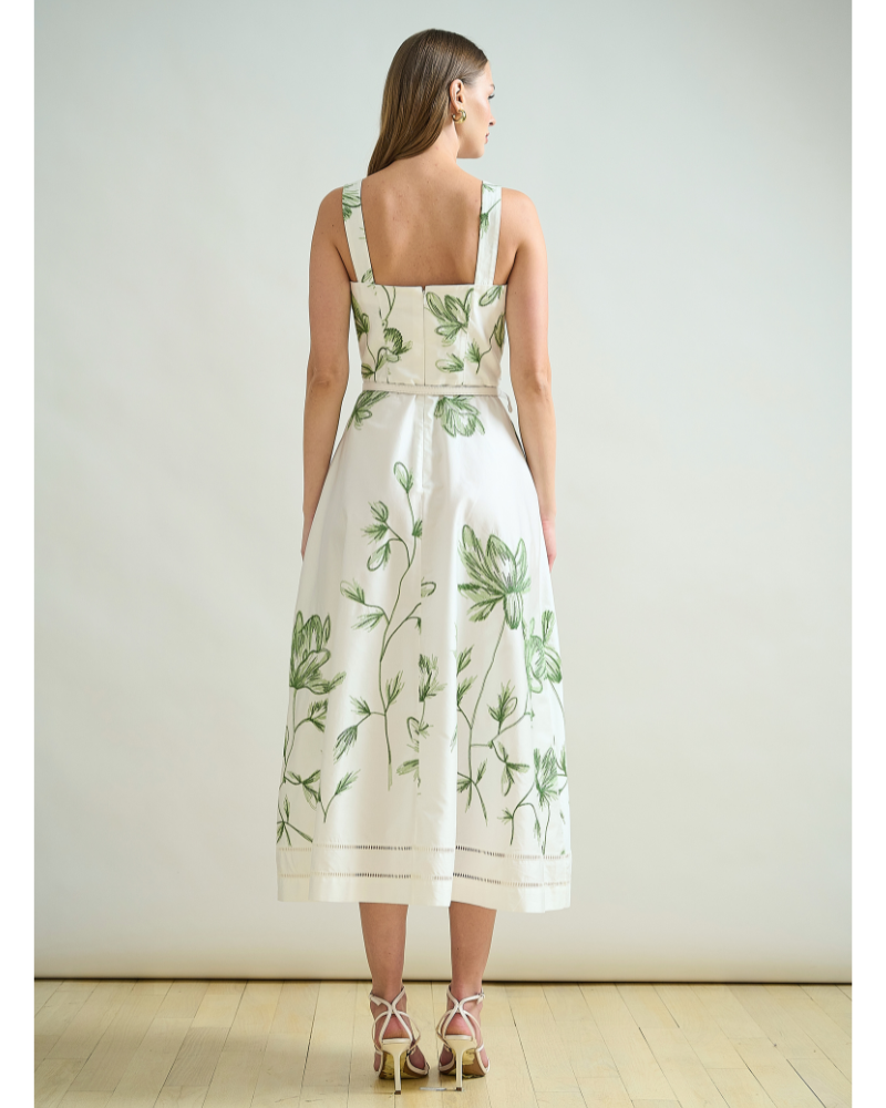 LONG COTTON STRAPS DRESS: IVORY WITH GREEN FLORAL EMBROIDERY