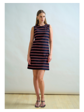 JERSEY SHORT SHIFT DRESS: IVORY  WITH NAVY AND RED VERTICAL STRIPES