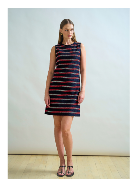 JERSEY SHORT SHIFT DRESS: IVORY  WITH NAVY AND RED VERTICAL STRIPES