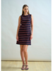 JERSEY SHORT SHIFT DRESS: IVORY  WITH NAVY AND RED VERTICAL STRIPES