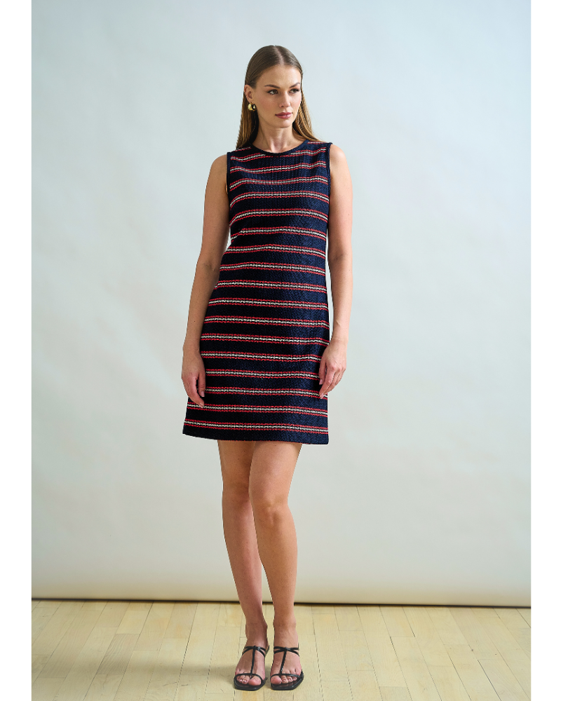 JERSEY SHORT SHIFT DRESS: IVORY  WITH NAVY AND RED VERTICAL STRIPES