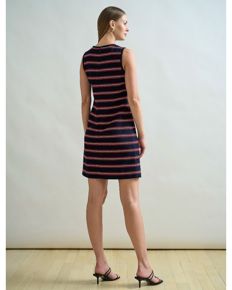 JERSEY SHORT SHIFT DRESS: IVORY  WITH NAVY AND RED VERTICAL STRIPES
