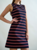 JERSEY SHORT SHIFT DRESS: IVORY  WITH NAVY AND RED VERTICAL STRIPES