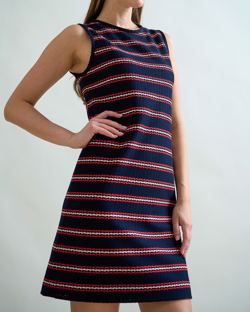 JERSEY SHORT SHIFT DRESS: IVORY  WITH NAVY AND RED VERTICAL STRIPES