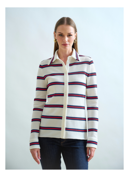 BUTTON FRONT SHIRT : JERSEY: IVORY  WITH STRIPES