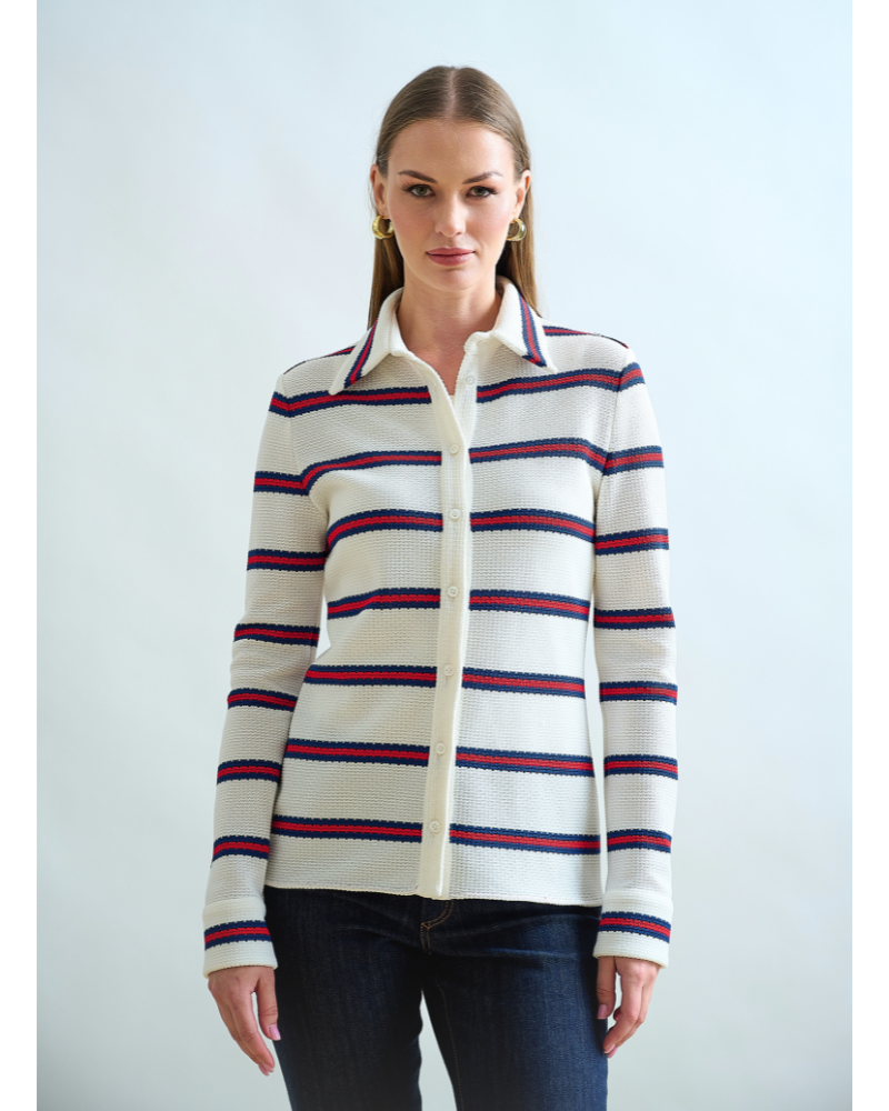 BUTTON FRONT SHIRT : JERSEY: IVORY  WITH NAVY AND RED STRIPES