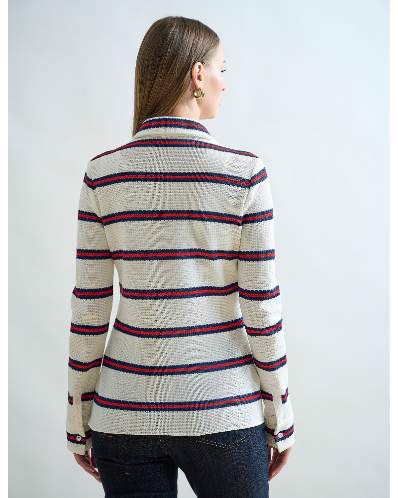 BUTTON FRONT SHIRT : JERSEY: IVORY  WITH NAVY AND RED STRIPES