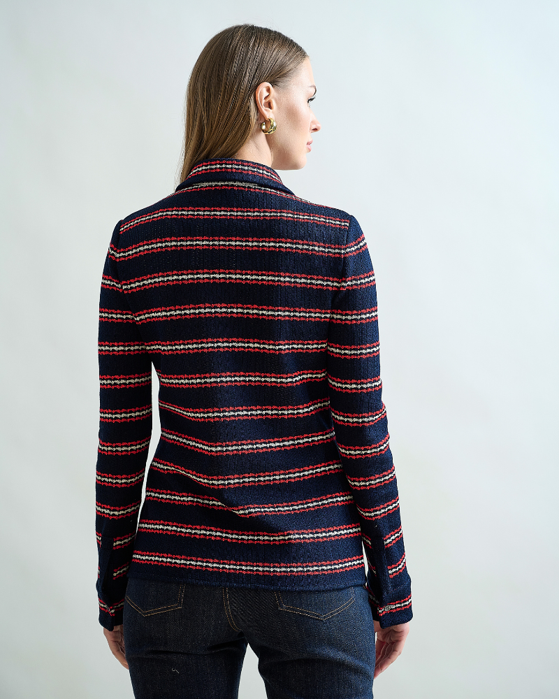 BUTTON FRONT SHIRT : JERSEY: NAVY BLUE WITH RED AND WHITE STRIPES