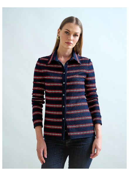 BUTTON FRONT SHIRT : JERSEY: NAVY BLUE WITH  STRIPES
