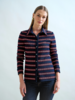 BUTTON FRONT SHIRT : JERSEY: NAVY BLUE WITH RED AND WHITE STRIPES