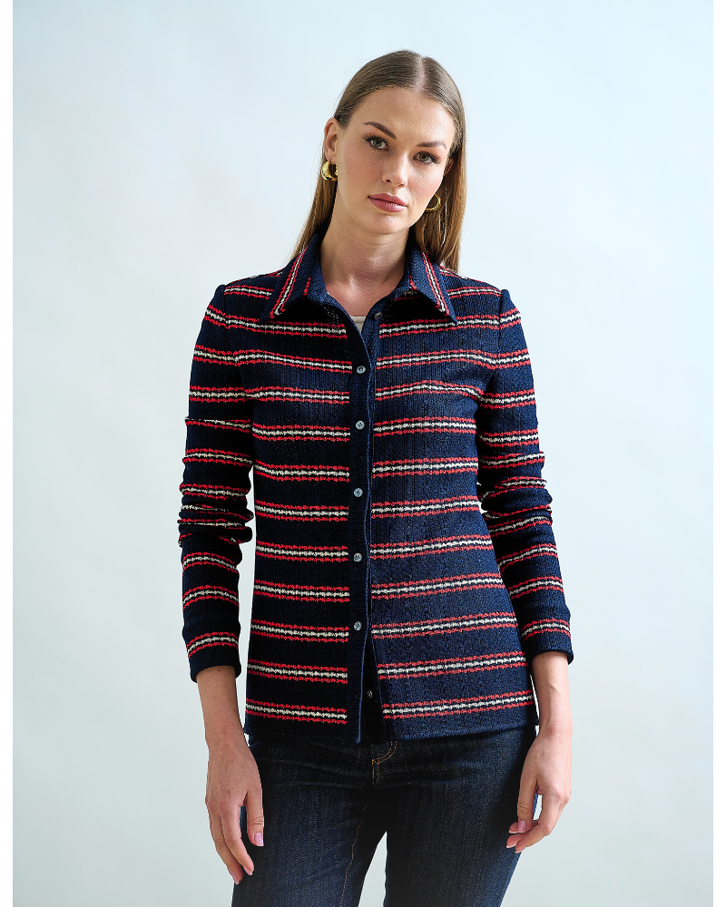 BUTTON FRONT SHIRT : JERSEY: NAVY BLUE WITH RED AND WHITE STRIPES