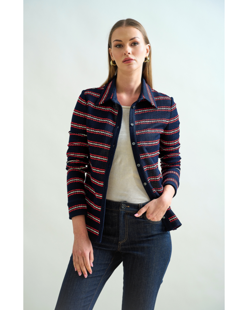 BUTTON FRONT SHIRT : JERSEY: NAVY BLUE WITH RED AND WHITE STRIPES