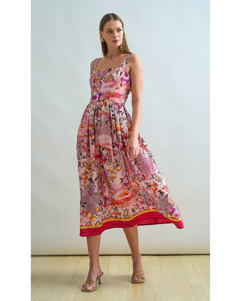 LONG POET SILK DRESS WITH WAIST AND STRAPS: CAPRI PRINT: PINK