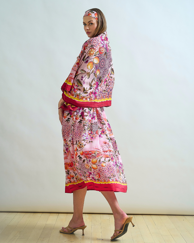 LONG POET SILK DRESS WITH WAIST AND STRAPS: CAPRI PRINT: PINK